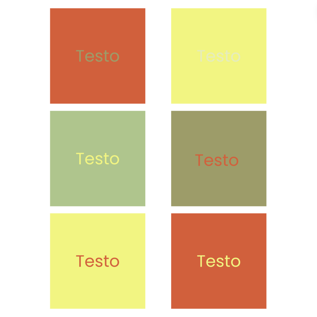 Quadrati di colore e testi sovrapposti di colori a contrasto per provare come alcune scritte si leggano meglio o peggio a seconda del colore di sfondo