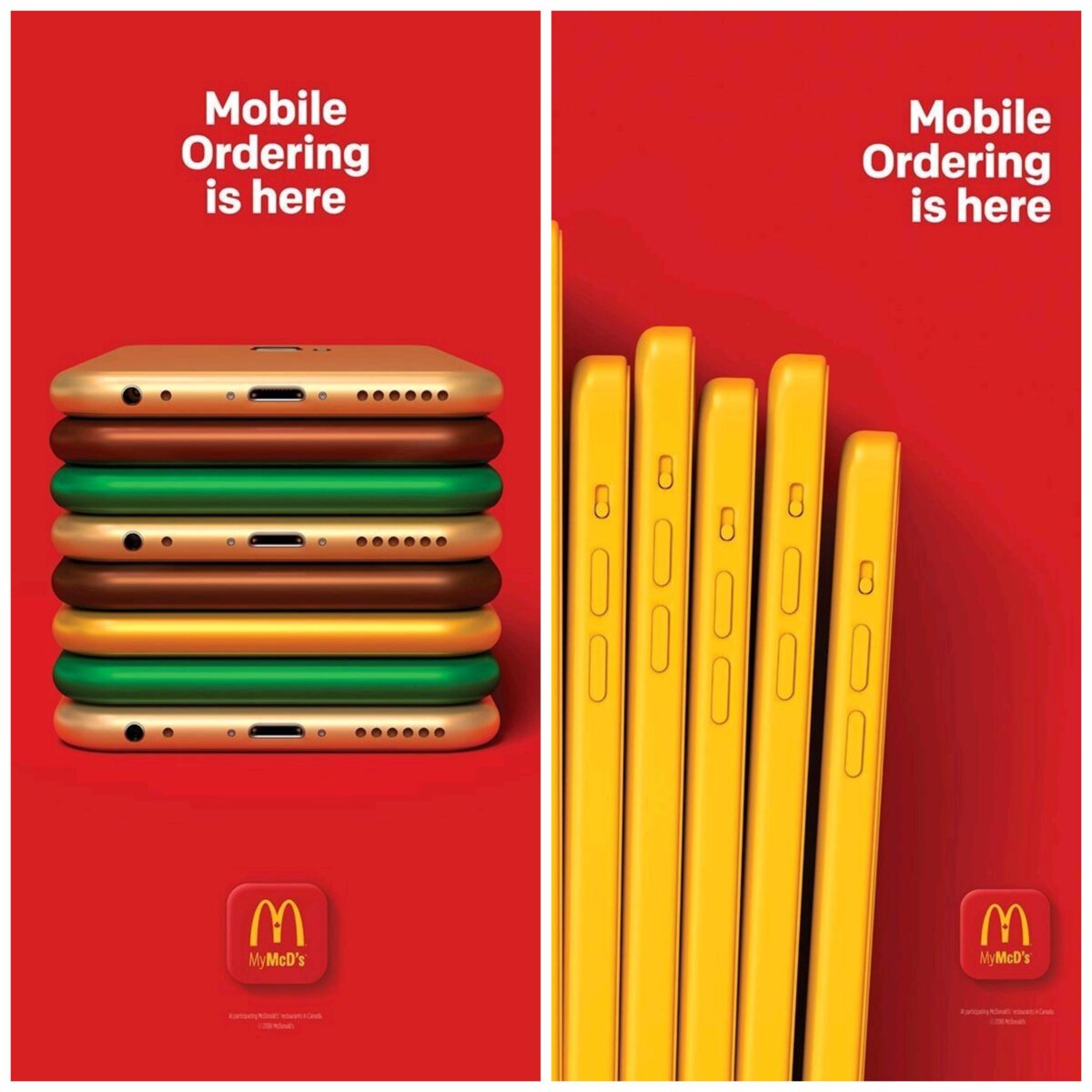 Pubblicità McDonald's legata al suo servizio di delivery in cui si vedono dei telefonini colorati che insieme compongono l'immagine di un hambuger e delle patatine