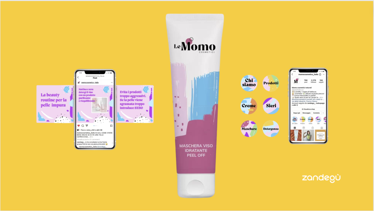 Mock delle grafiche per social e packaging del brand cosmetico Le Momo