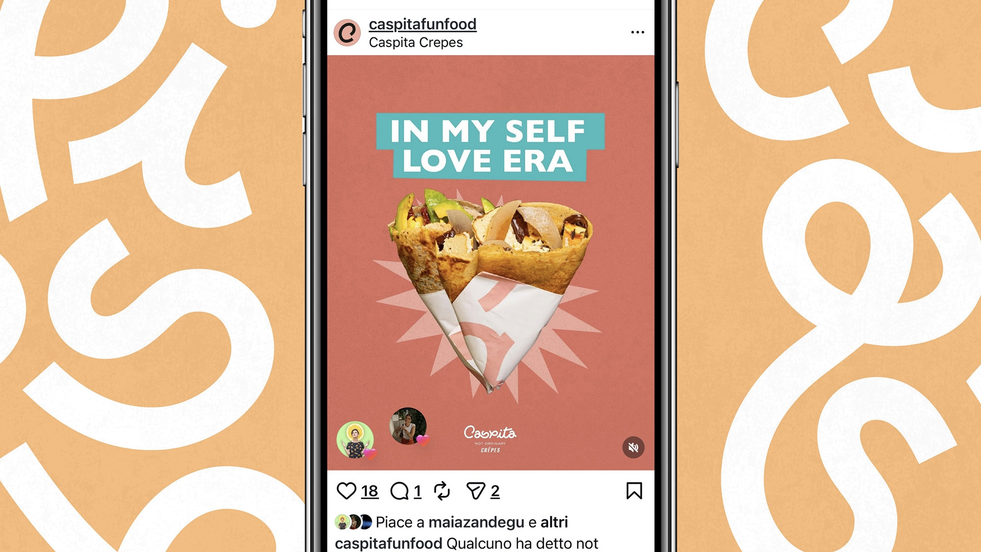 Il mock up di un post social con una crepes dentro un telefono