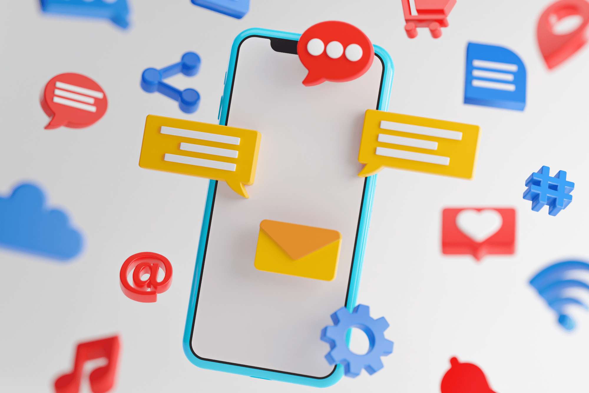Una grafica 3D di uno smartphone circondato di icone di messaggi, email, note musicali, cuori, hashtag rossi, gialli e blu