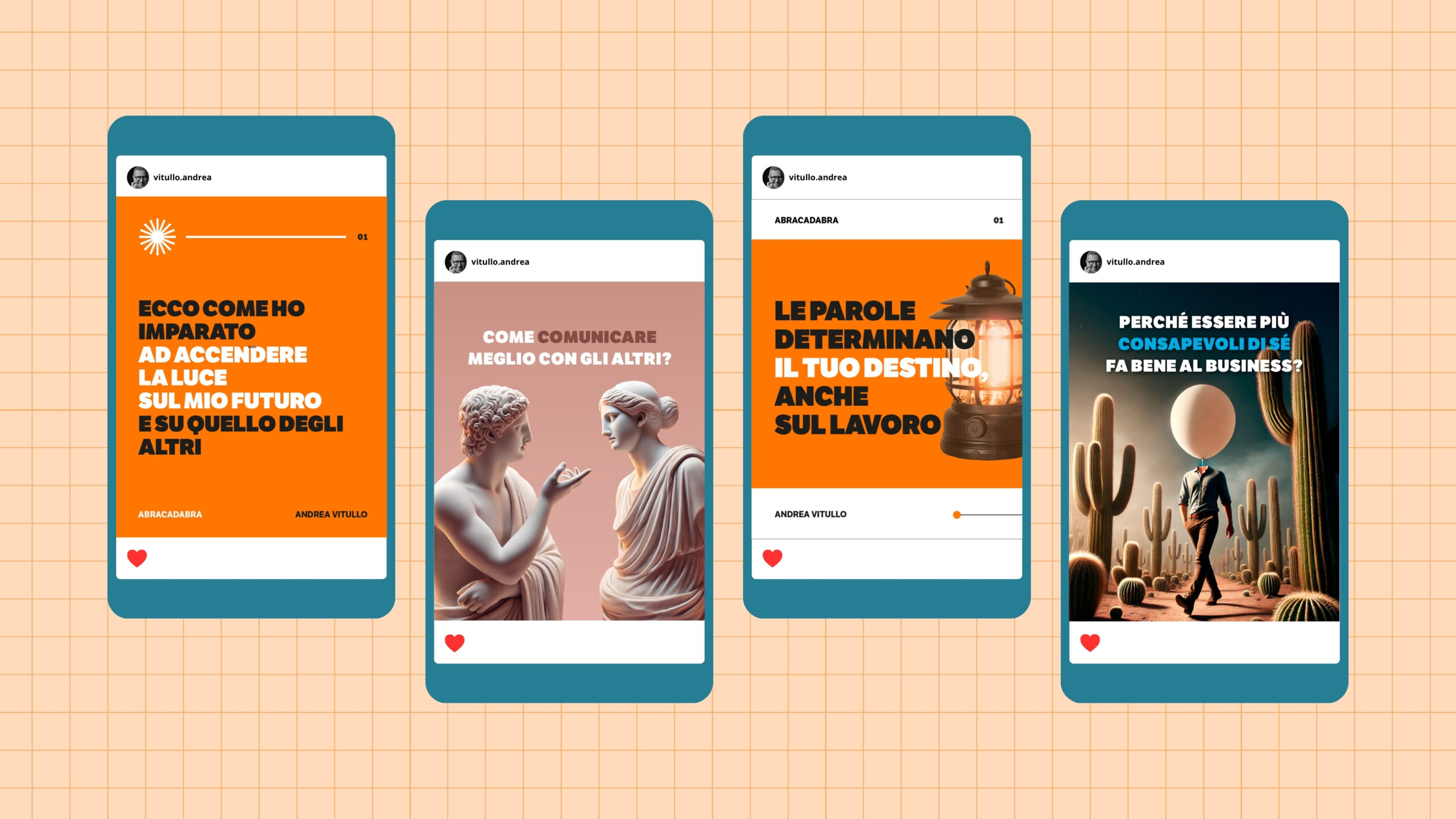 4 grafiche social del profilo Instagram di Andrea Vitullo