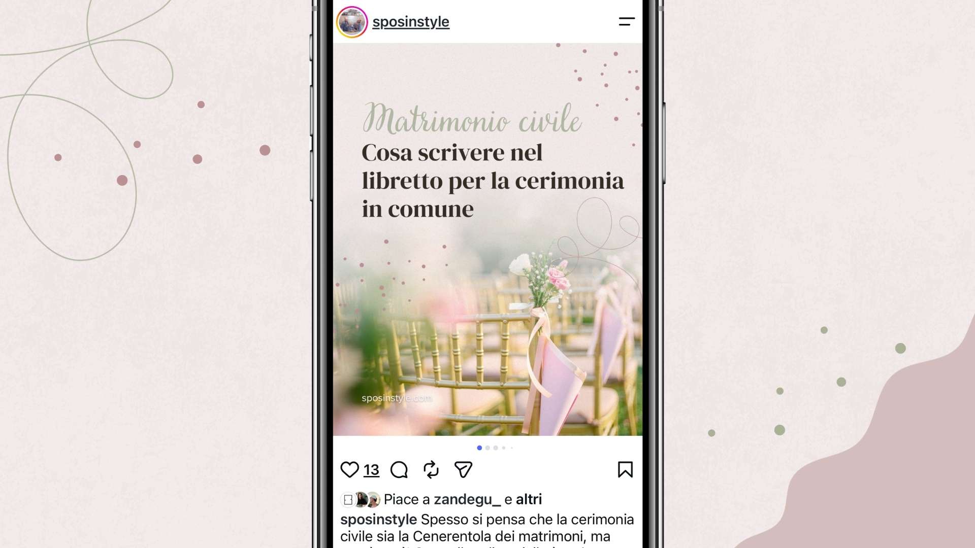L'immagine ravvicinata di un post di Instagram a tema matrimonio all'interno di un telefono