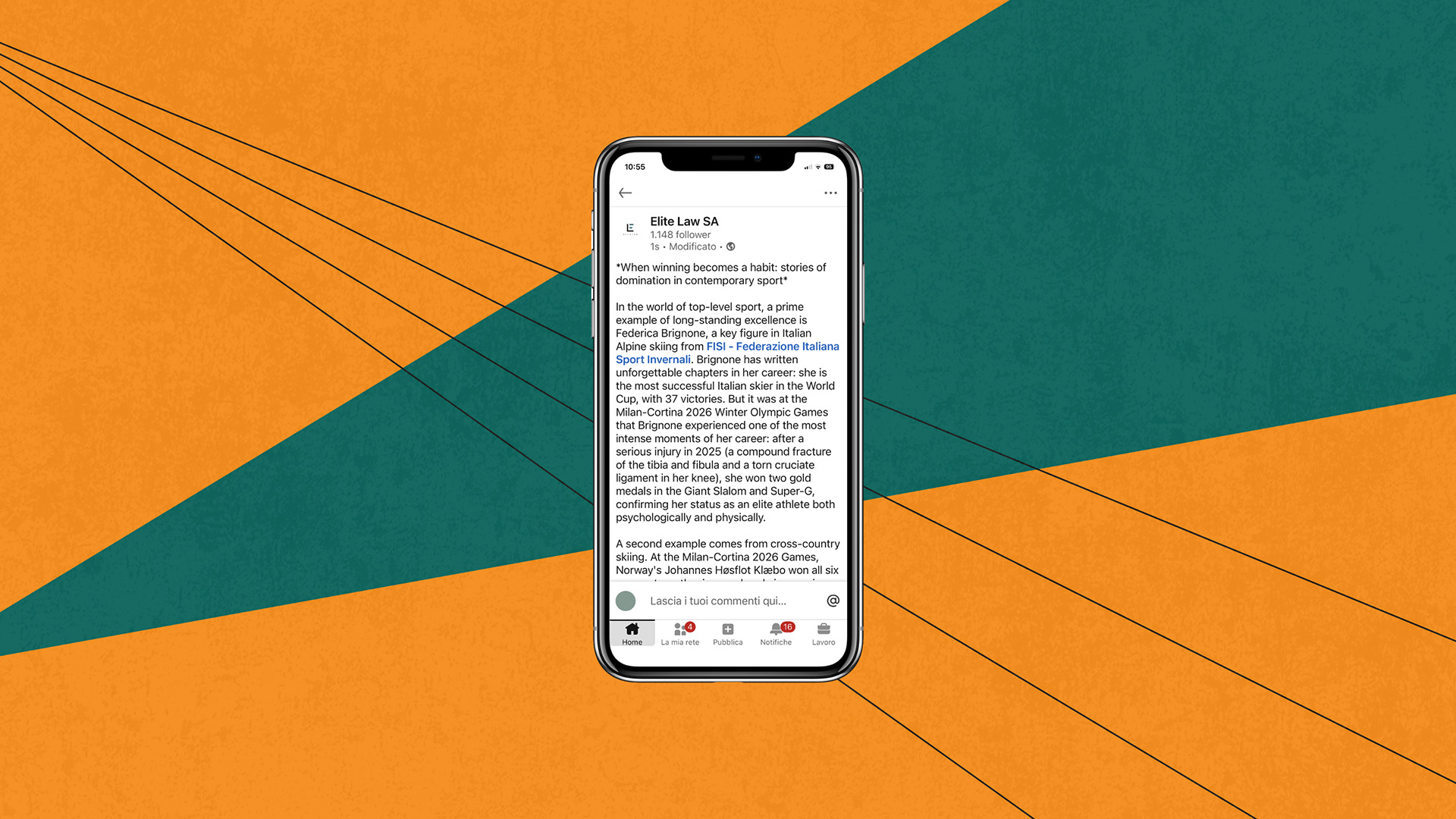 Il mockup di un cellulare con un post LinkedIn di Elite Law